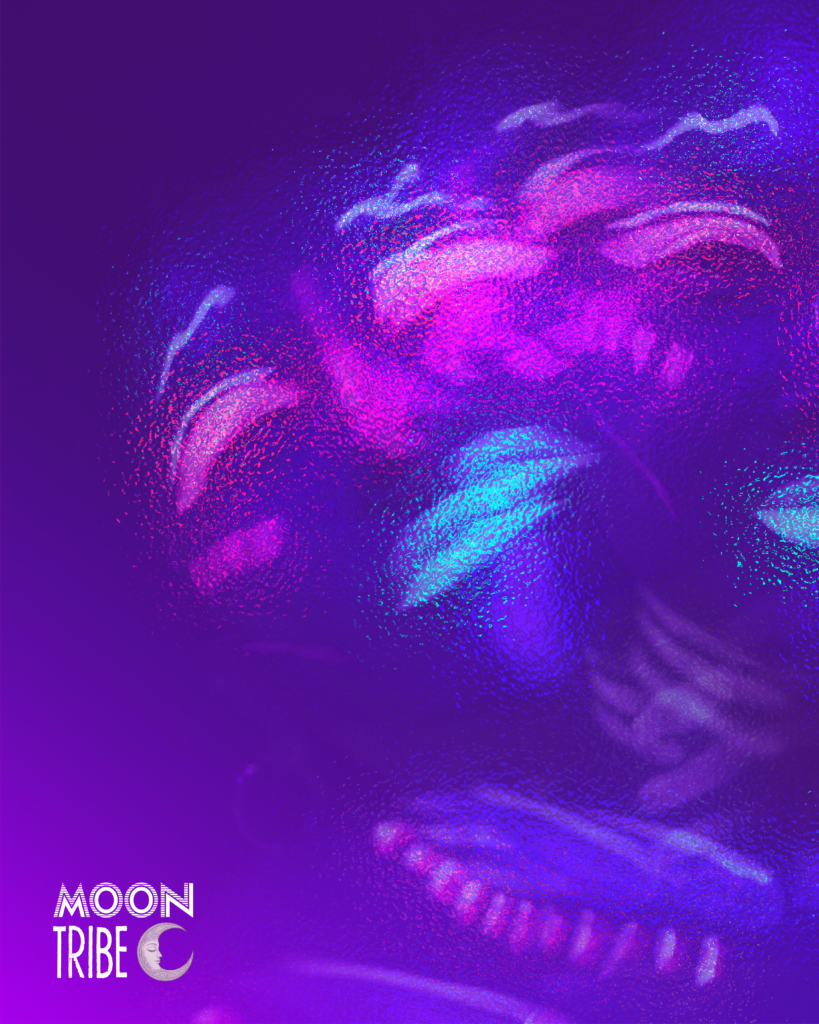 Publication Instagram Moon Tribe avec grille colorée en dégradés violets, bleus et roses, effets de verre abstraits et photos de fêtards dansant
