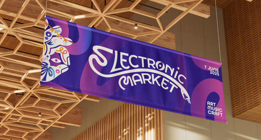 Texte Alternatif Mockup de bannière suspendue Electronic Market présentant le logo principal et les éléments graphiques de l'événement