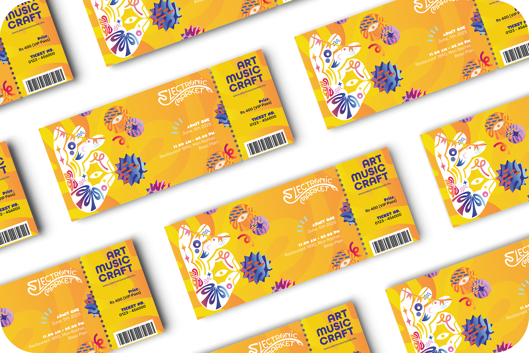 Vue de dessus de plusieurs mockups de tickets de concert jaunes dans la direction artistique d'Electronic Market