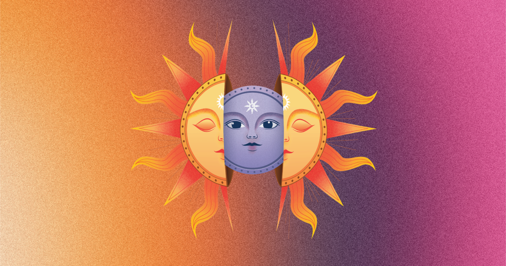 Illustration d'un soleil s'ouvrant pour dévoiler la lune sur un fond dégradé orange et violet, identité visuelle Solar Tribe