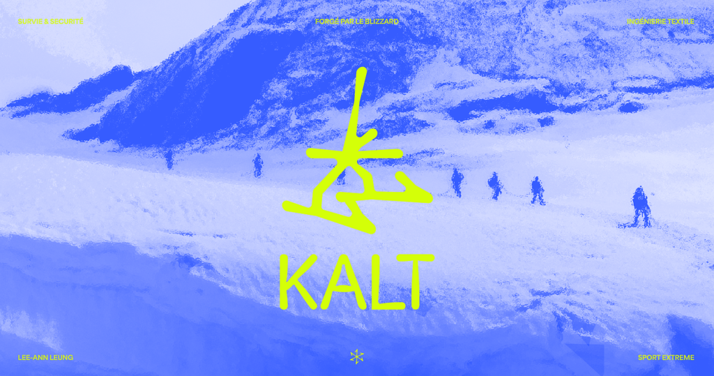 Couverture de présentation KALT avec photo de montagne retouchée en bleu et effets de verre en arrière-plan, logo vert en premier plan