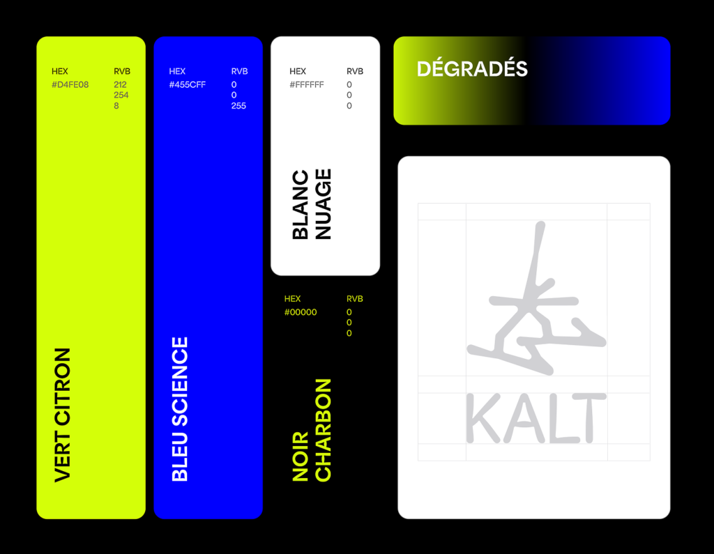 Palette de couleurs de KALT composée de vert, bleu, blanc et noir avec dégradés et déclinaisons du logo selon les tailles