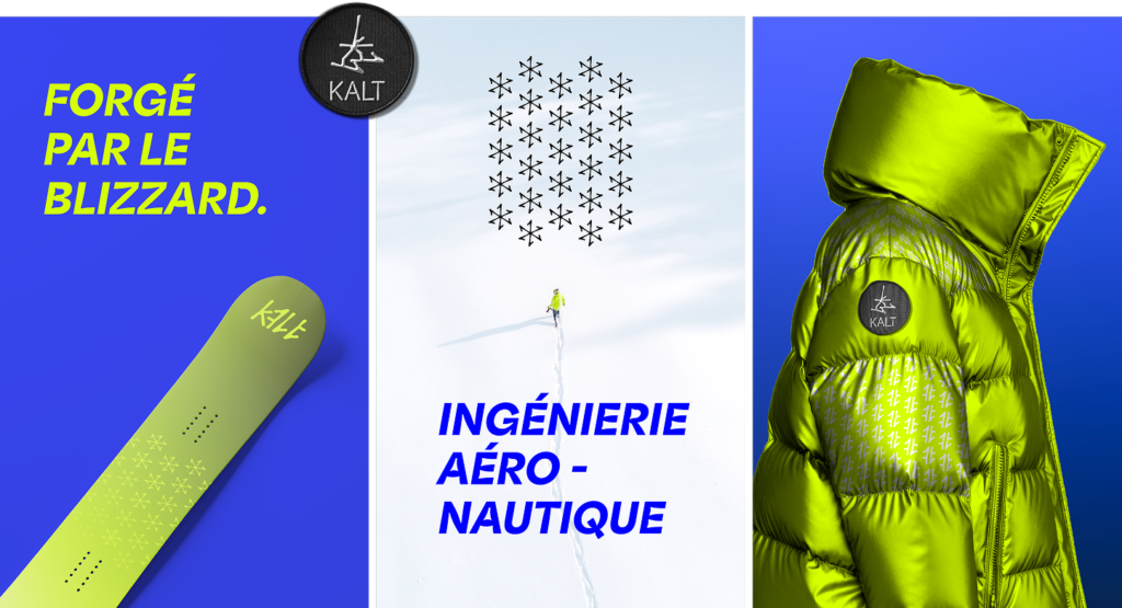 Publications réseaux sociaux KALT présentant l'essence de la marque : ski, personne dans la neige et mockup de doudoune verte fluo dans la direction artistique de la marque