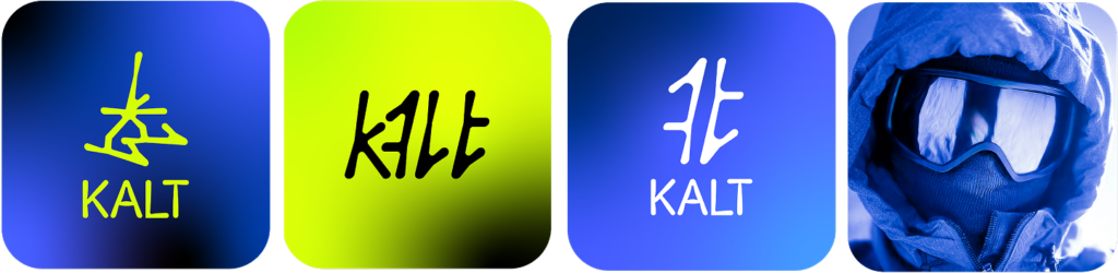 Déclinaisons du logo KALT : logo principal, version typographique et logo secondaire dérivé des éléments graphiques de la marq