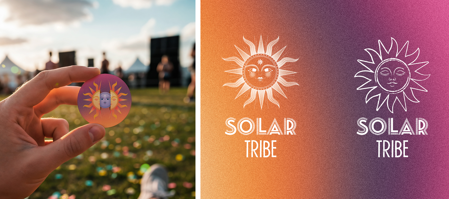 Main tenant un pin's Solar Tribe - Déclinaisons du logo Solar Tribe en deux versions : une version artisanale et faite main, une version plus digitale et moderne